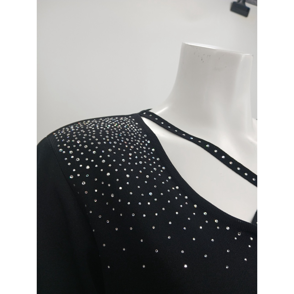 Misook Womens Black Rhinestone Crystal Top Size L Holiday Party Occasion - Picture 3 of 8
